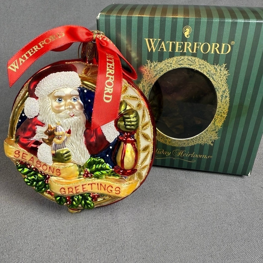 Vintage Waterford Holiday Heirlooms Seasons Greetings Santa Ornament Double Side